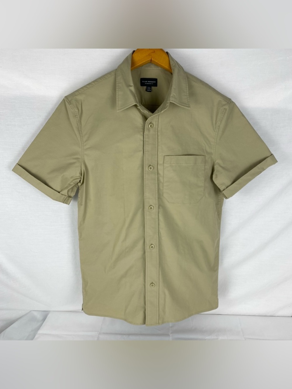 Club Monaco Short Sleeve Slim Fit Button Up Shirt Khaki Beige Minimalist XS